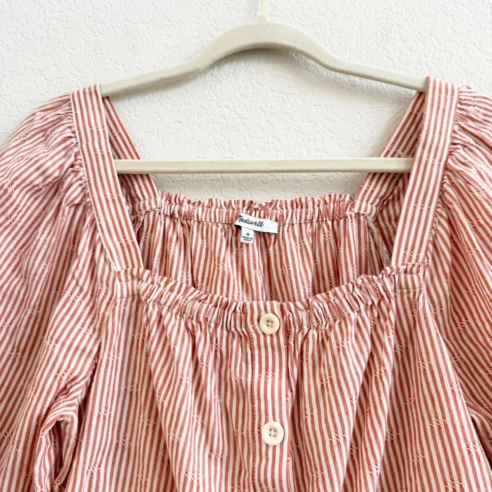 Madewell Womens Red White‎ Striped Cotton Puff Sleeve Button Front Crop Top M